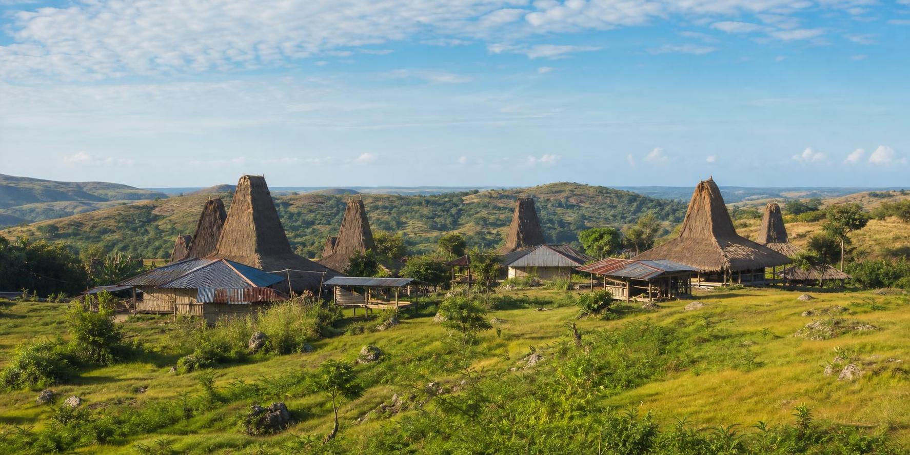 Panorama desa Kambatatana Sumba dengan perbukitan dan rumah adat